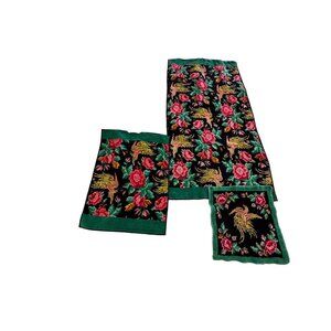 Vtg Indanthren Floral Bird Pattern Towel Textiles Set Cottagecore Country Chic